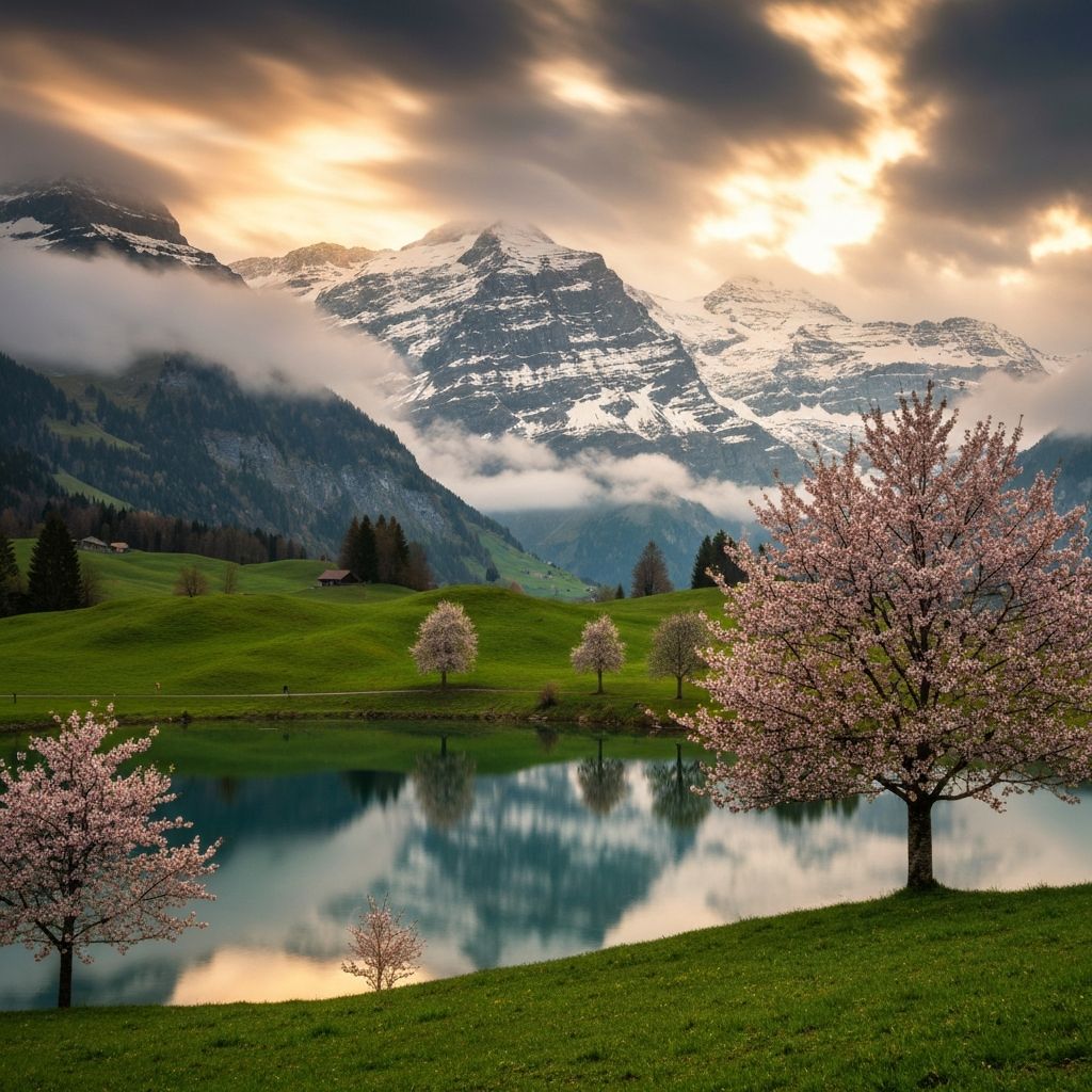 Schweizer Alpen mit Kirschblüten